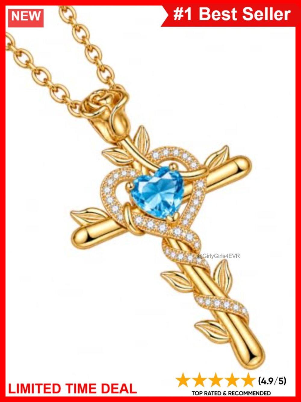 14k Gold Plated Cross Necklace December Birthstone Heart Pendant 18in